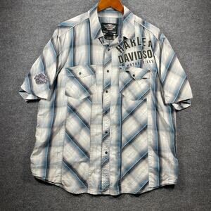 Harley Davidson Pearl Snap Shirt Men's XL Blue/Black Plaid Logo Motorcycle Biker